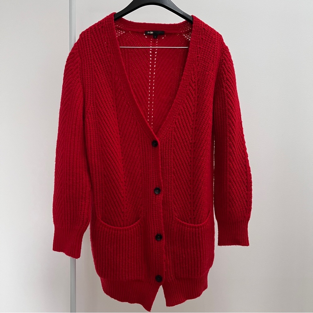 Maje Morzine ribbed wool blend cardigan 3 L red sweater patch pockets Italy